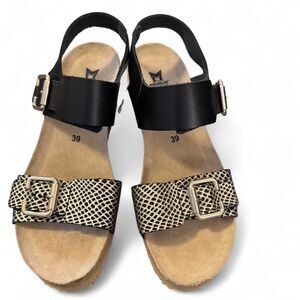Mephisto Air-Relax Wedge Sandals Women EU 39 US 8.5 Snake Print Black Leather